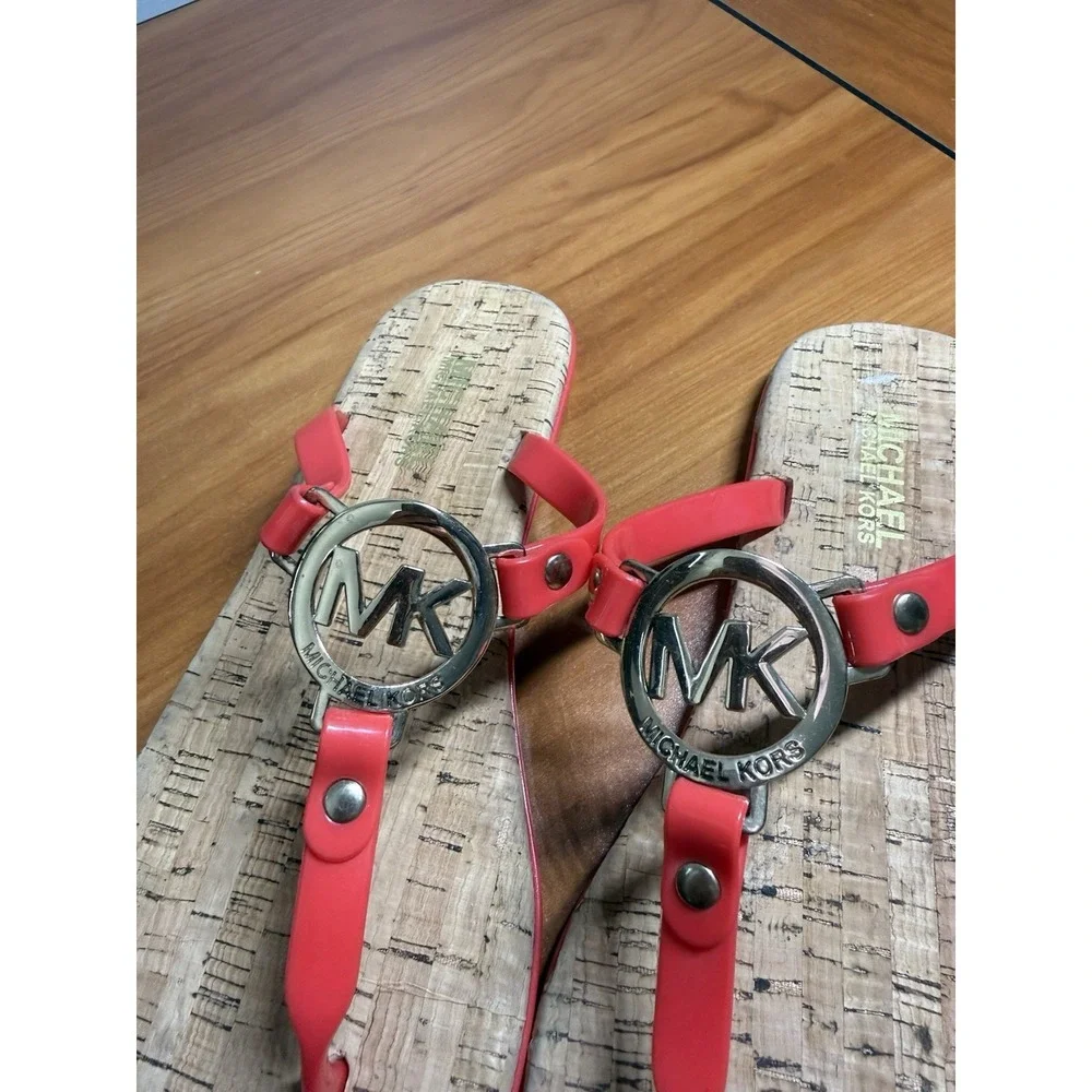 Women's Michael Kors Red Charm Jelly PVC Logo Flip Flop Sandals Cork 7B
